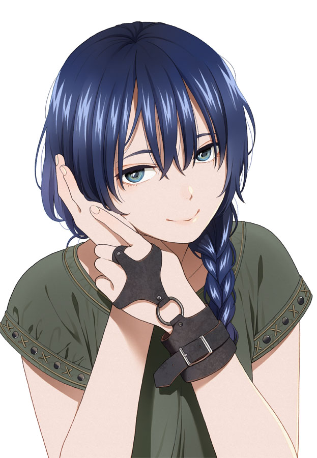 1girl bangs blue_eyes blue_hair braid closed_mouth eyebrows_behind_hair green_shirt hair_between_eyes hair_over_shoulder hands_together hands_up long_hair looking_at_viewer mattaku_mousuke original own_hands_together shirt short_sleeves simple_background single_braid smile solo upper_body white_background