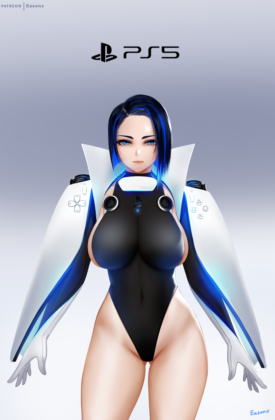 1girl arms_at_sides artist_name ass_visible_through_thighs bangs black_hair black_leotard blue_eyes blue_hair breasts closed_mouth commentary_request copyright_name covered_navel cowboy_shot easonx game_console gloves gradient gradient_background grey_background highleg highleg_leotard highres impossible_clothes impossible_leotard large_breasts leotard light_smile looking_at_viewer multicolored_hair original parted_bangs personification playstation_5 short_hair simple_background skin_tight solo standing streaked_hair turtleneck two-tone_hair white_background white_gloves