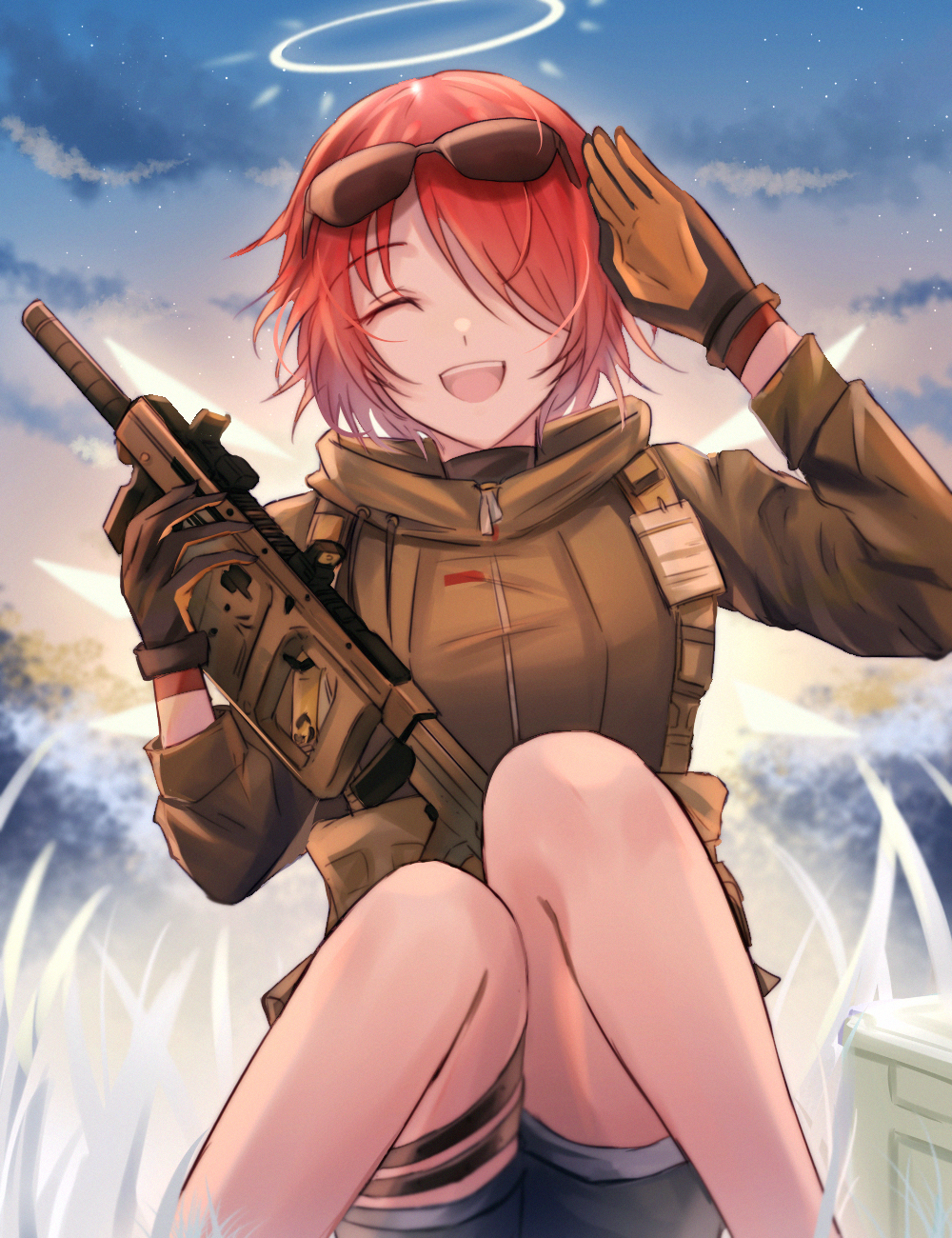 1girl ^_^ ^o^ arknights black_gloves black_shorts blue_sky breasts closed_eyes clouds cloudy_sky commentary dawn detached_wings exusiai_(arknights) eyebrows_visible_through_hair eyewear_on_head gloves grass gun hair_over_one_eye haku_wi halo highres holding holding_gun holding_weapon knees_together_feet_apart looking_at_viewer machine_gun medium_breasts open_mouth outdoors redhead salute short_hair short_shorts shorts sitting sky smile solo star_(sky) starry_sky strap sunglasses two-tone_gloves weapon wings yellow_gloves