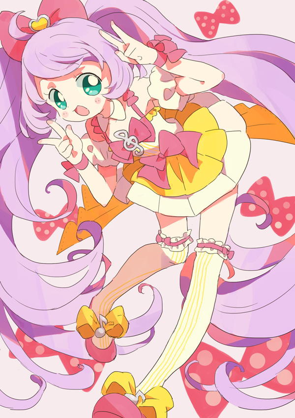 1girl :d ahoge aqua_eyes bangs bow corn_potako double_v dress eighth_note hair_bow hands_up heart long_hair manaka_lala musical_note open_mouth pink_bow pink_footwear pink_ribbon pretty_(series) pripara purple_hair ribbon shoes short_dress smile solo striped striped_legwear swept_bangs thigh-highs twintails v vertical-striped_legwear vertical_stripes very_long_hair wrist_ribbon