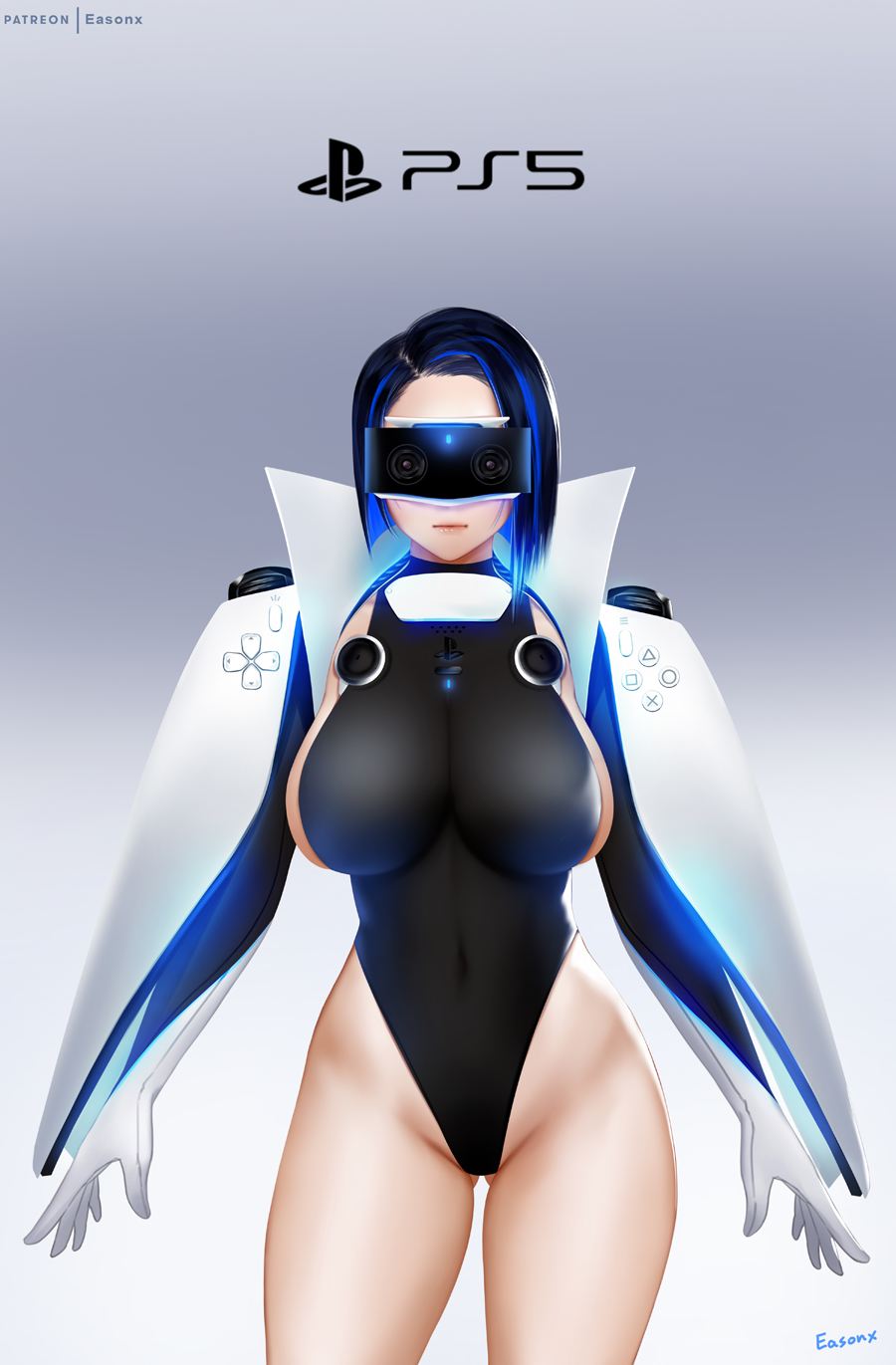 1girl arms_at_sides artist_name ass_visible_through_thighs bangs black_hair black_leotard blue_hair breasts closed_mouth commentary_request copyright_name covered_navel cowboy_shot easonx game_console gloves gradient gradient_background grey_background head_mounted_display highleg highleg_leotard highres impossible_clothes impossible_leotard large_breasts leotard light_smile looking_at_viewer multicolored_hair original parted_bangs personification playstation_5 short_hair simple_background skin_tight solo standing streaked_hair turtleneck two-tone_hair white_background white_gloves