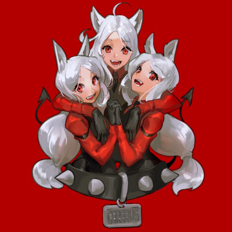 3girls :d ahoge animal_ears bangs bodysuit cerberus_(helltaker) character_name collar commentary demon_tail dog_collar dog_tags english_commentary fang fangs gloves helltaker holding_hands hug interlocked_fingers james_ghio juliet_sleeves long_hair long_sleeves looking_at_viewer low-tied_long_hair multiple_girls necktie open_mouth puffy_sleeves red_background red_eyes red_theme silver_hair simple_background smile spiked_collar spikes tail teeth white_hair