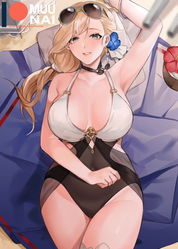 1girl azur_lane bikini blonde_hair blue_eyes casual_one-piece_swimsuit covered_navel eyewear_on_head flower hair_flower hair_ornament hair_over_shoulder hood_(azur_lane) hood_(sunlit_lady)_(azur_lane) jewelry long_hair low_ponytail multicolored multicolored_bikini multicolored_clothes muunai necklace o-ring o-ring_swimsuit one-piece_swimsuit sunglasses swimsuit thigh_strap