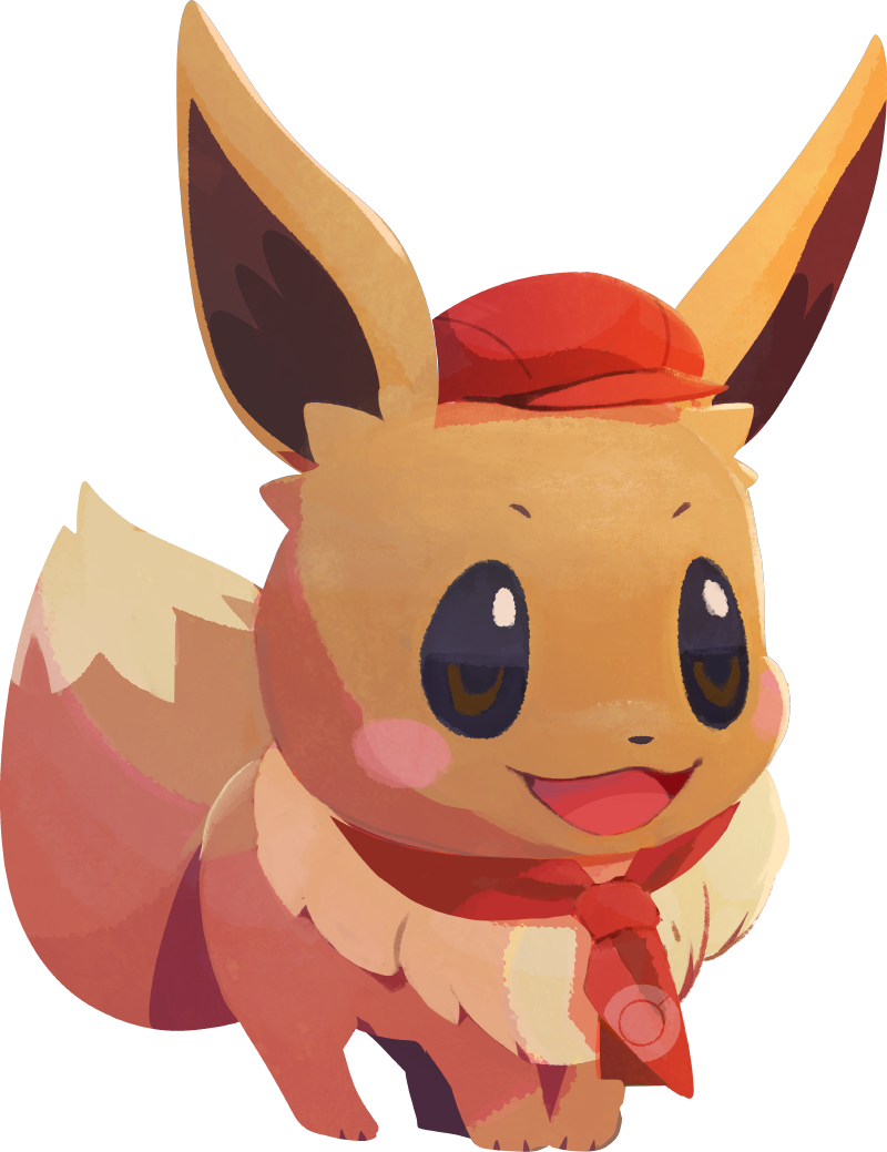 :3 artist_request blush blush_stickers brown_eyes cabbie_hat clothed_pokemon eevee full_body gen_1_pokemon happy hat neckerchief no_humans official_art open_mouth poke_ball_symbol poke_ball_theme pokemon pokemon_(creature) pokemon_(game) pokemon_cafe_mix red_headwear red_neckwear smile solo standing transparent_background
