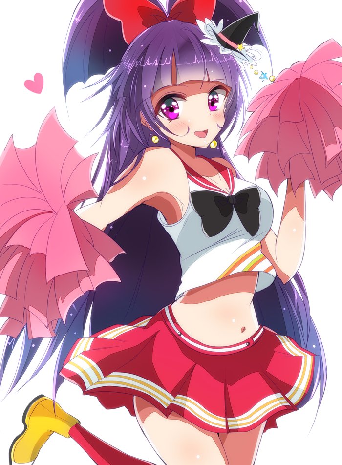 1girl alternate_costume bangs black_bow blouse blunt_bangs boots bow breasts cheerleader cure_magical earrings eyebrows_visible_through_hair hair_up haru_(nature_life) hat heart izayoi_liko jewelry long_hair mahou_girls_precure! medium_breasts midriff navel pom_poms precure purple_hair red_bow red_skirt skirt sleeveless solo star_(symbol) violet_eyes white_blouse witch_hat yellow_footwear