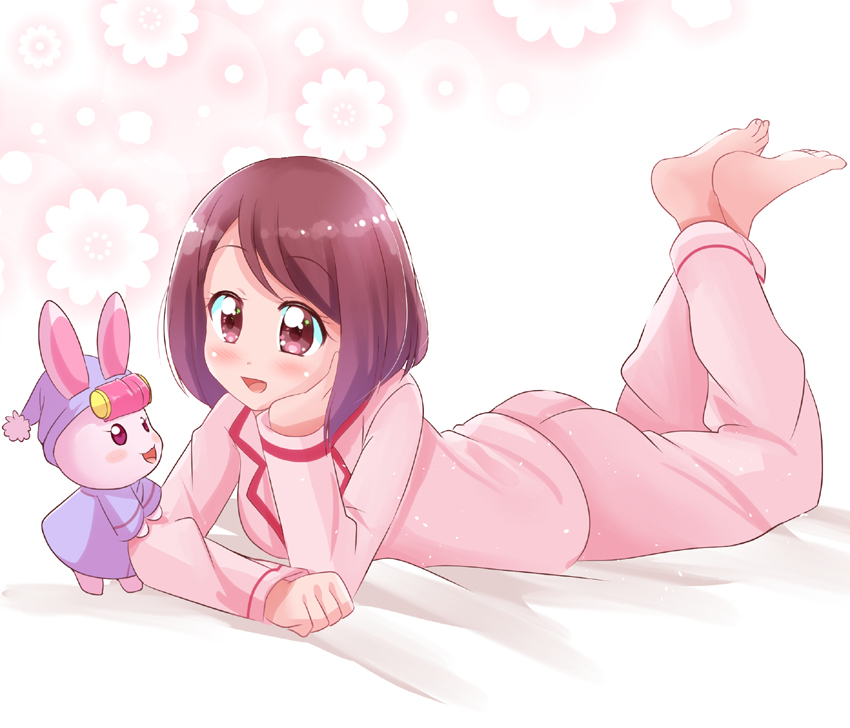 1girl :d barefoot bed blush clip_studio_paint_(medium) flower hanadera_nodoka healin'_good_precure long_sleeves lying on_stomach open_mouth pajamas photoshop_(medium) pink_eyes pink_hair precure rabbit rabirin_(precure) smile teliga