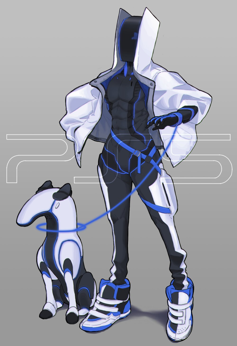 1boy abs android dog full_body gashi-gashi gradient gradient_background grey_background high_collar highres jacket male_focus personification playstation_5 robot robot_dog shoes simple_background sneakers solo sony white_jacket