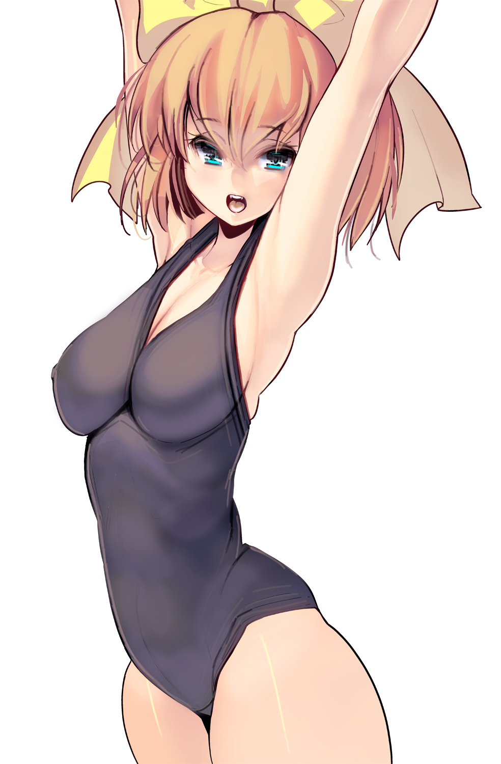 1girl armpits arms_up bangs blonde_hair blue_eyes bow breasts cowboy_shot hair_bow highres impossible_clothes impossible_swimsuit looking_at_viewer masao medium_breasts original photoshop_(medium) revision school_swimsuit short_hair solo swimsuit white_background yellow_bow