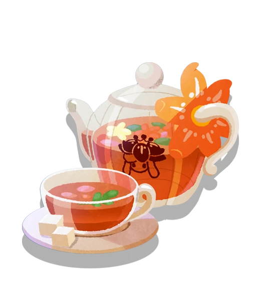 artist_request cup drink flower food gen_5_pokemon leaf lilligant no_humans official_art orange_flower petals pokemon pokemon_(creature) pokemon_(game) pokemon_cafe_mix red_flower saucer solo sugar_cube tea teacup teapot transparent_background yellow_flower