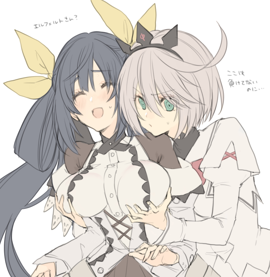 2girls bangs blue_hair blush breasts closed_eyes dizzy_(guilty_gear) elphelt_valentine eyebrows_visible_through_hair green_eyes grey_hair groping guilty_gear guilty_gear_xrd hair_ribbon hair_rings large_breasts laughing long_hair maid_dress maka_(morphine) medium_hair multiple_girls ribbon spikes sweatdrop translation_request twintails yellow_ribbon