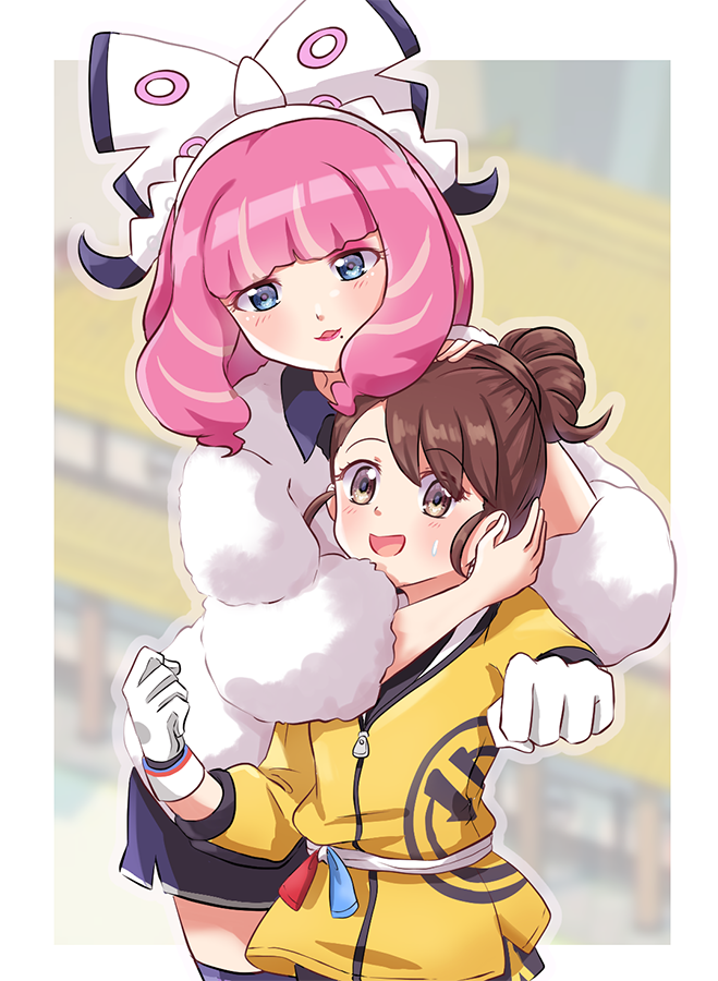 2girls :d amai-tapioca bangs blue_eyes blush border bow brown_eyes brown_hair coat commentary_request eyebrows_visible_through_hair eyelashes fur_coat gloves hair_bow hairband kurara_(pokemon) looking_at_viewer mole mole_under_mouth multiple_girls open_mouth outside_border pink_hair pokemon pokemon_(game) pokemon_swsh shiny shiny_hair short_hair smile swept_bangs thigh-highs tongue white_border white_bow white_coat white_gloves wristband yuuri_(pokemon) zipper_pull_tab