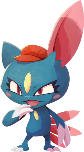 artist_request blush blush_stickers cabbie_hat claws clothed_pokemon forehead_jewel full_body gen_2_pokemon hand_up happy hat no_humans official_art open_mouth pokemon pokemon_(creature) pokemon_(game) pokemon_cafe_mix red_eyes red_headwear smile sneasel solo standing transparent_background