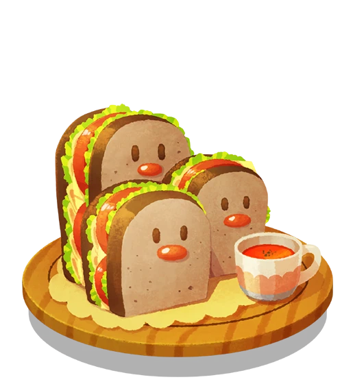 artist_request bread cheese cup drink dugtrio food gen_1_pokemon lettuce no_humans official_art pokemon pokemon_(creature) pokemon_(game) pokemon_cafe_mix sandwich shiny solo tea teacup tomato transparent_background tray