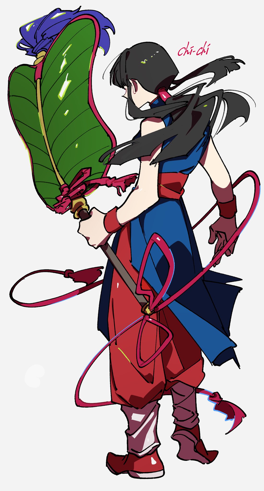 1girl arm_at_side baggy_pants bangs bare_arms bare_shoulders black_hair blue_dress blunt_bangs character_name chi-chi_(dragon_ball) china_dress chinese_clothes dragon_ball dragon_ball_(classic) dress facing_away fan floating_hair full_body grey_background hair_over_one_eye highres holding holding_fan pants ponytail red_footwear red_pants sakaikurinea shiny shiny_hair shoe_soles side_slit sidelocks simple_background sleeveless sleeveless_dress solo standing standing_on_one_leg wristband