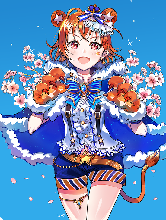 1girl ahoge animal_ears belt blouse blue_bow blue_cape blue_shorts bow cape cherry_blossoms claws crown double_bun eyebrows_visible_through_hair facing_viewer fluffy frills gloves hyugo lion_ears lion_tail love_live! love_live!_sunshine!! orange_belt orange_hair red_eyes ribbon short_hair shorts signature simple_background solo star_(symbol) striped striped_shorts tail takami_chika thigh_strap white_blouse