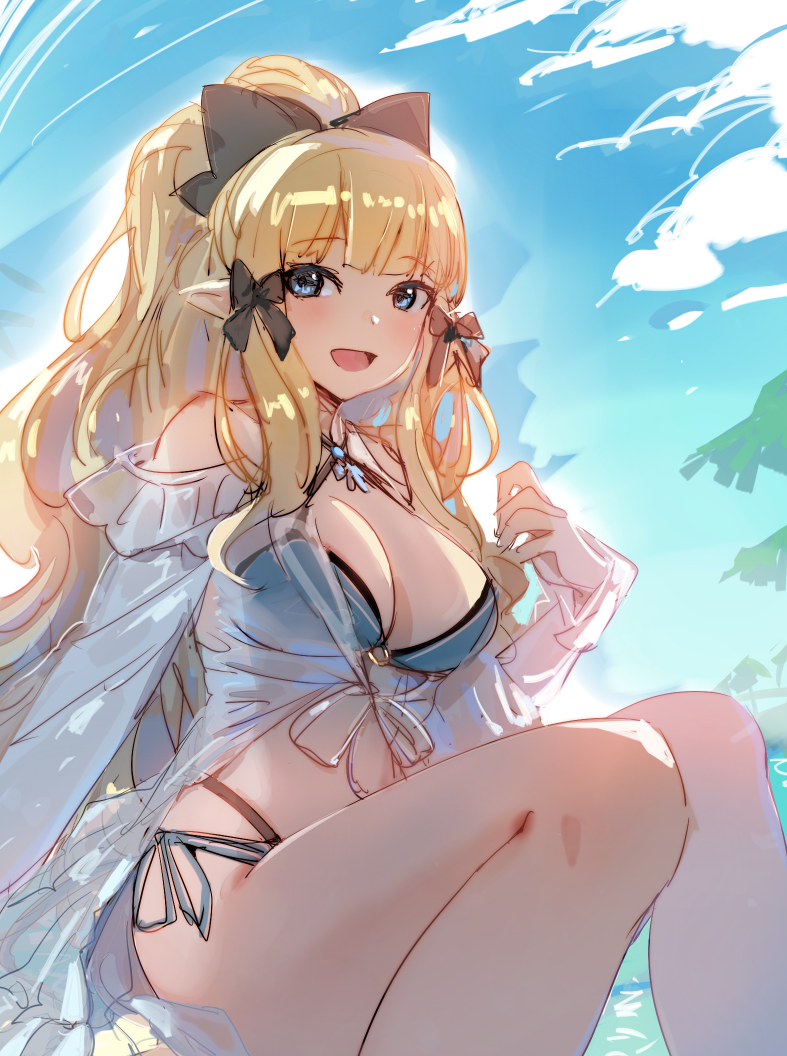 1girl :d bangs bikini blonde_hair blue_bikini blue_eyes blue_sky blunt_bangs blush bow_(bhp) clouds eyebrows_visible_through_hair hair_ribbon looking_at_viewer open_mouth palm_tree pointy_ears ponytail princess_connect! princess_connect!_re:dive ribbon saren_(princess_connect!) see-through sitting sky smile solo swimsuit tree