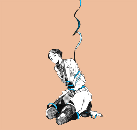 1boy black_hair bound commentary_request full_body halftone kayuo kneeling multiple_monochrome nib_pen_(medium) orange_background original pants raised_eyebrows restrained shoes simple_background sitting solo tied_up traditional_media