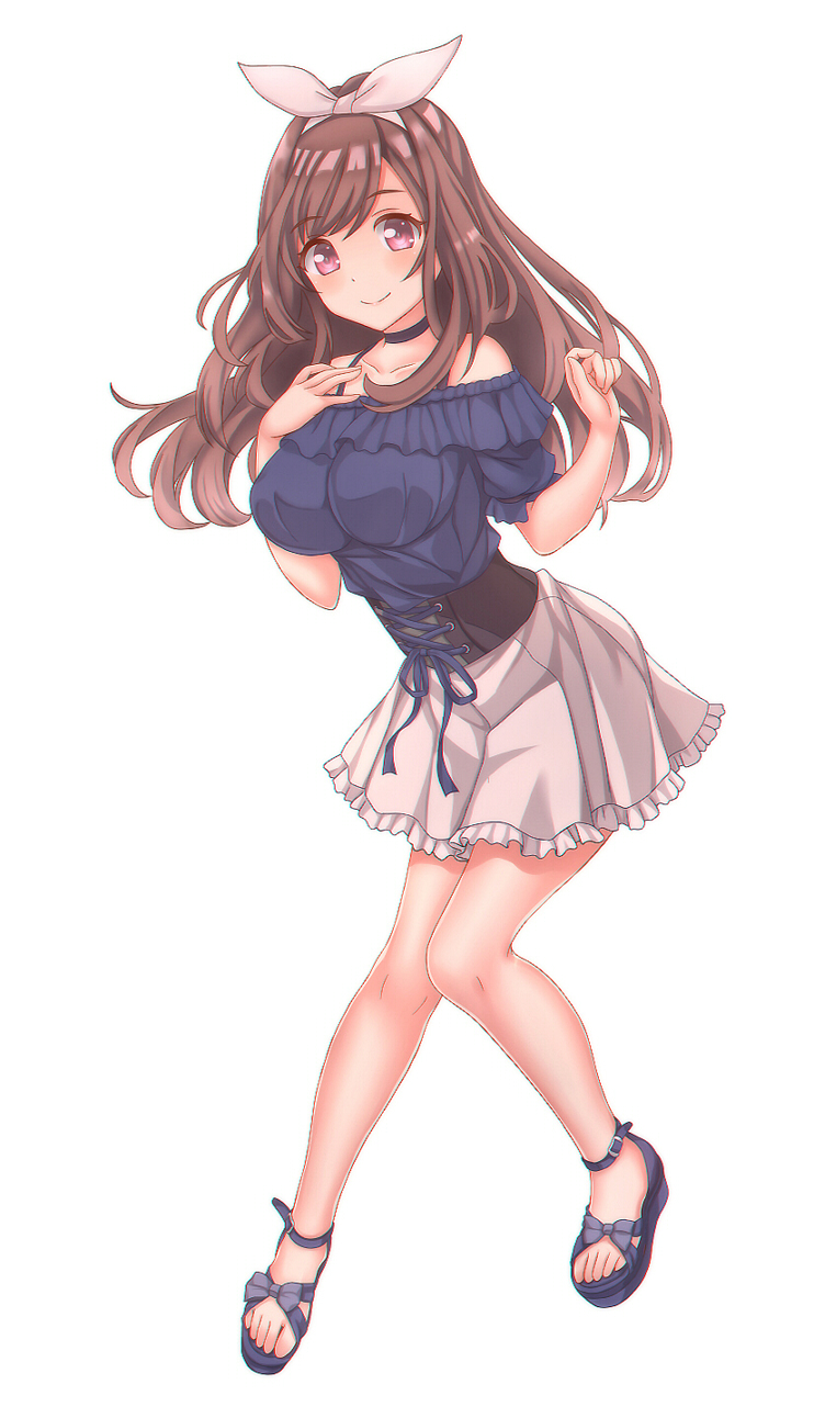 1girl bare_shoulders blue_skirt breasts brown_eyes brown_hair choker frilled_skirt frills gatchapowa hairband highres idolmaster idolmaster_shiny_colors lace-up_top large_breasts looking_at_viewer sandals short_sleeves skirt smile tsukioka_kogane