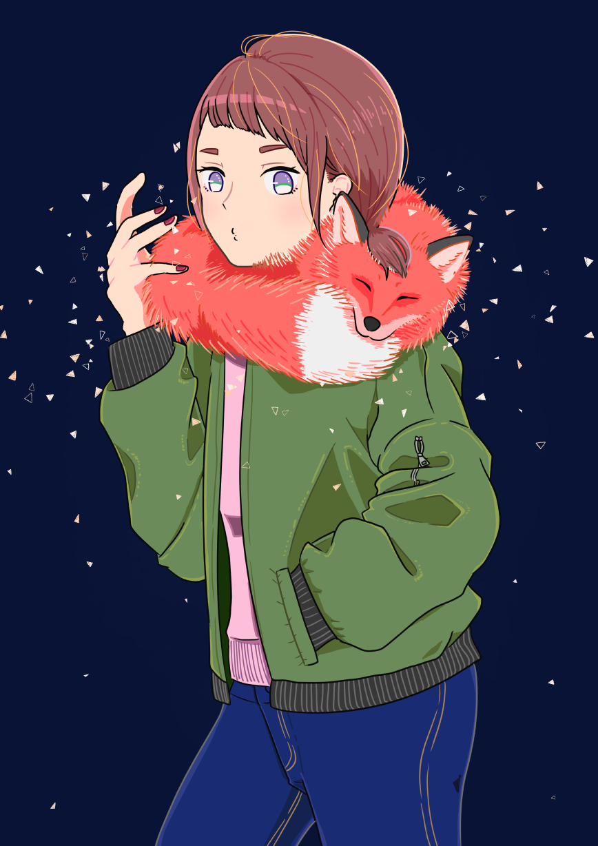 1girl animal_around_neck animal_on_shoulder bangs blue_background blue_eyes blue_pants brown_hair clip_studio_paint_(medium) closed_eyes commentary_request cowboy_shot facing_viewer fox green_jacket hand_in_pocket hand_up highres jacket long_sleeves looking_at_viewer low_ponytail nail_polish open_clothes open_jacket original pants pink_sweater puckered_lips red_nails scarf side_ponytail sidelocks sparkle sweater yoshimon