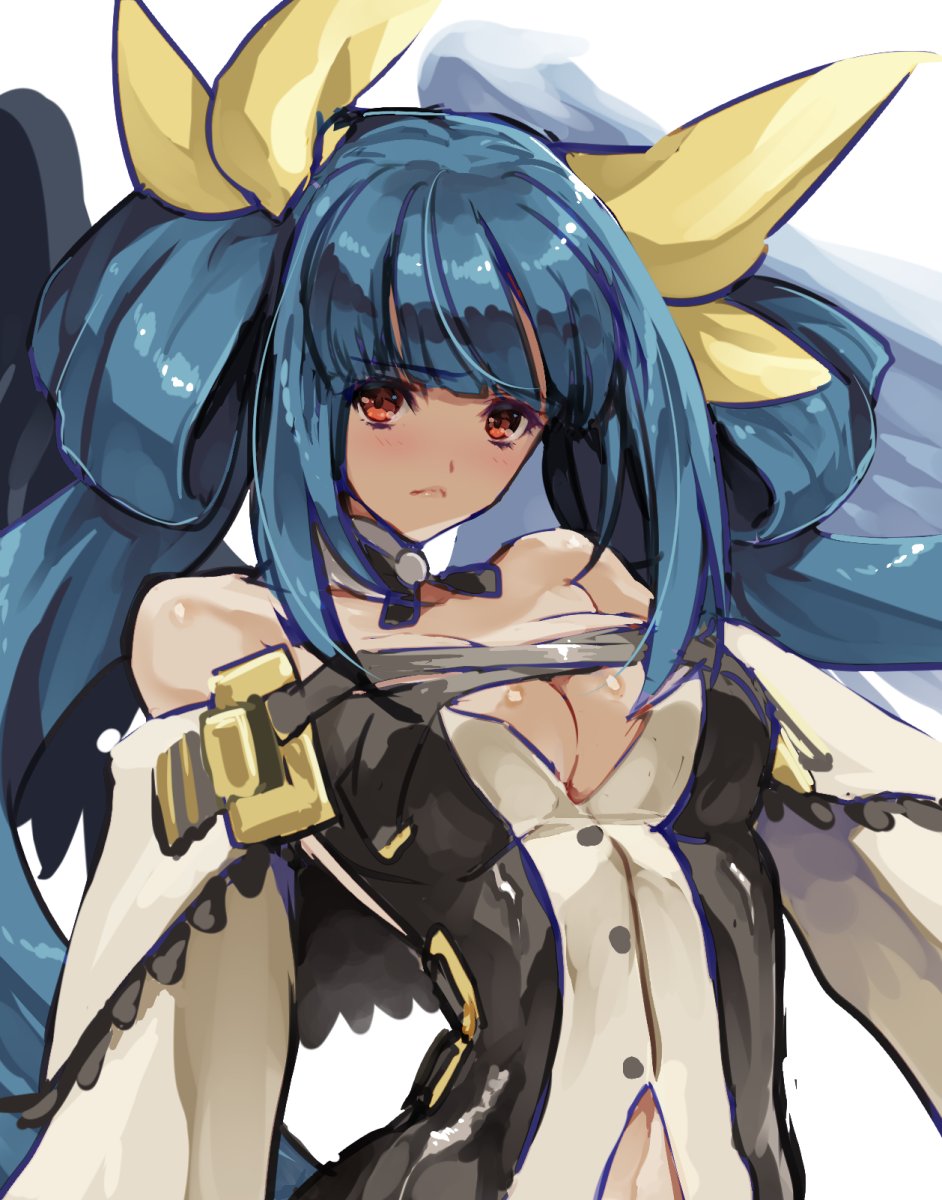1girl asymmetrical_wings bangs belt blue_hair blush breasts choker collarbone detached_sleeves dizzy_(guilty_gear) eyebrows_visible_through_hair guilty_gear guilty_gear_xrd hair_ribbon hair_rings highres jako_(toyprn) long_hair midriff monster_girl pout red_eyes ribbon solo twintails wings yellow_ribbon