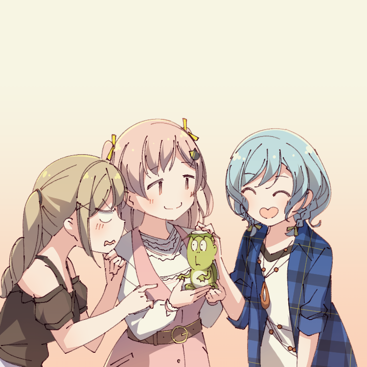 3girls ^_^ aqua_hair ayasaka bang_dream! bangs belt blonde_hair blue_shirt brown_shirt cat_hair_ornament closed_eyes commentary_request dress empty_eyes hair_ornament hair_ribbon hand_on_own_chin heart-shaped_mouth hikawa_hina hiromachi_nanami holding ichigaya_arisa jewelry kappa long_hair long_sleeves multiple_girls pendant petting pinafore_dress pink_hair plaid plaid_shirt pointing ribbon shirt short_hair short_sleeves shoulder_cutout side_braids smile tan_background twintails two_side_up upper_body v-shaped_eyebrows v-shaped_eyes wavy_mouth white_shirt x_hair_ornament yellow_ribbon |_|