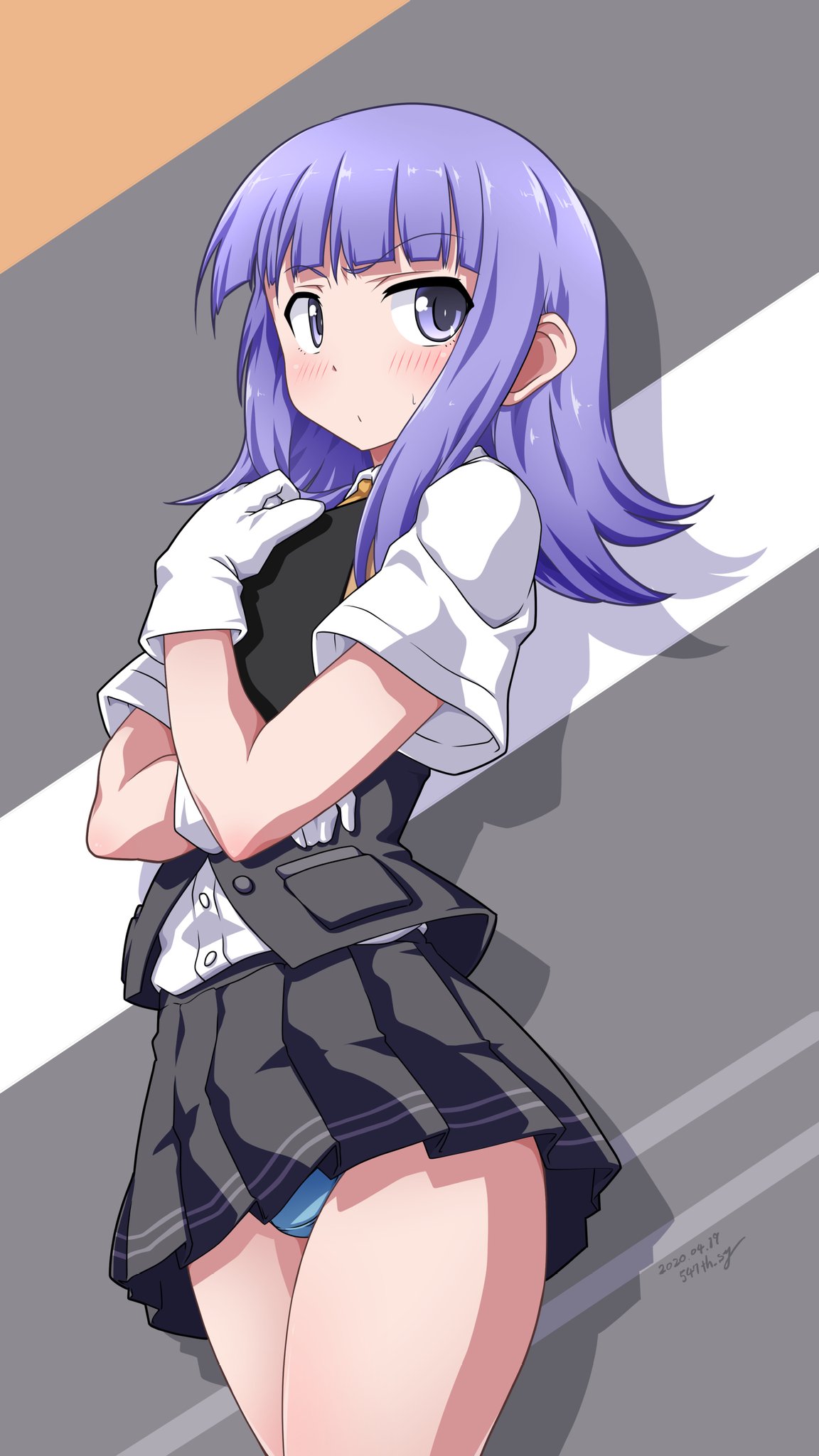 1girl 547th_sy bangs black_vest blue_hair blue_panties blunt_bangs blush dated diagonal_stripes eyebrows_visible_through_hair gloves hatsukaze_(kantai_collection) highres kantai_collection long_hair panties pantyshot pleated_skirt school_uniform shirt short_sleeves signature simple_background skirt solo striped striped_background sweat underwear vest violet_eyes white_gloves white_shirt yellow_neckwear