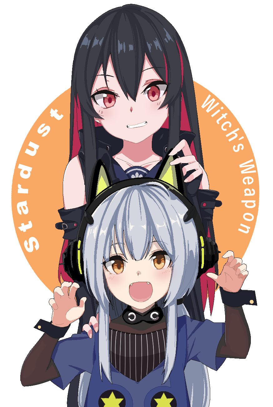 2girls bare_shoulders black_hair blue_shirt blush brown_eyes cat_ear_headphones claw_pose collarbone colored_inner_hair crossover detached_sleeves english_text eyebrows_visible_through_hair fangs gao genderswap genderswap_(mtf) grey_hair hair_between_eyes hand_on_another's_head happy headphones highres layered_sleeves long_hair low_twintails multicolored_hair multiple_girls open_mouth pink_hair red_eyes ren_(witch's_weapon) shadow shirt simple_background smile star_(symbol) twintails two-tone_hair white_background witch's_weapon wrist_cuffs xingchen yukibitasu