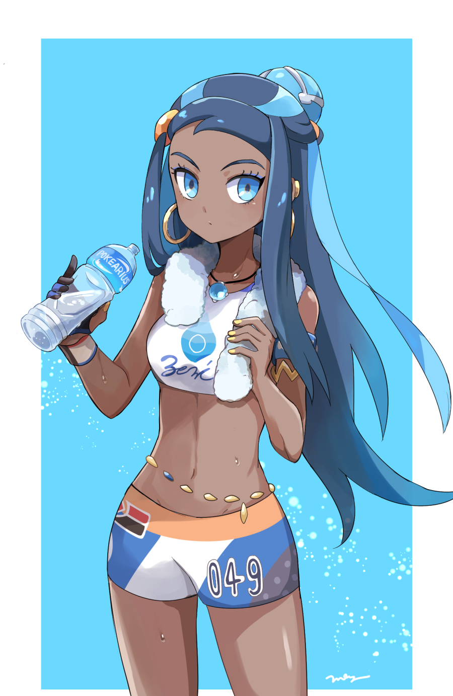 1girl aquarius_(drink) armlet belly_chain black_hair blue_background blue_eyes blue_hair bottle brand_name_imitation cowboy_shot dark_skin earrings gloves groin gym_leader highres holding holding_bottle holding_towel hoop_earrings jewelry long_hair looking_at_viewer lowleg lowleg_shorts mei_(maysroom) midriff multicolored_hair navel necklace pokemon pokemon_(game) pokemon_swsh product_placement rurina_(pokemon) shorts sidelocks simple_background single_glove soda_bottle solo sports_drink sweatband swimsuit tankini toned towel towel_around_neck two-tone_background white_background wristband