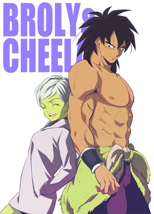 1boy 1girl ^_^ abs arms_at_sides back-to-back black_eyes black_hair broly_(dragon_ball_super) character_name cheelai closed_eyes closed_mouth clothes_around_waist coat commentary_request cowboy_shot dot_nose dragon_ball dragon_ball_super_broly eyelashes grey_hair hands_in_pockets happy height_difference light_smile locked_arms looking_at_another looking_back medium_hair messy_hair muscle open_mouth pectorals purple_coat shirtless short_hair simple_background takagi_takumi teeth upper_teeth very_short_hair waist_cape white_background