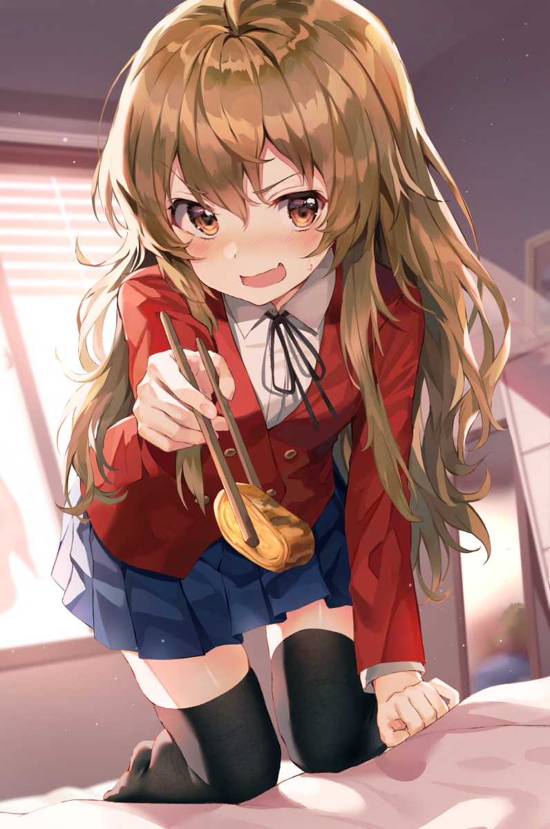 1girl aisaka_taiga all_fours bed black_legwear blazer blinds blue_skirt brown_eyes brown_hair chopsticks full_body highres huwali_(dnwls3010) jacket long_hair looking_at_viewer omelet oohashi_high_school_uniform pleated_skirt red_jacket school_uniform skirt solo tamagoyaki thigh-highs toradora! window