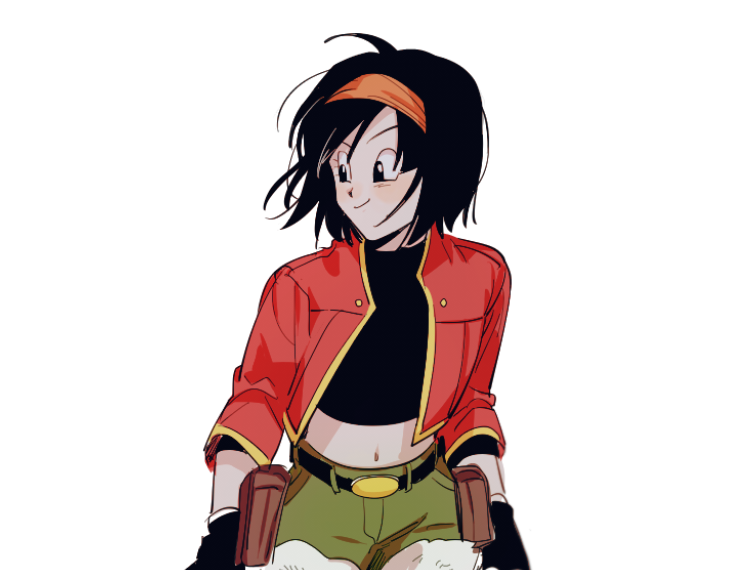 1girl arms_at_sides belt black_eyes black_gloves black_hair closed_mouth commentary_request crop_top dragon_ball dragon_ball_heroes eyelashes flat_chest floating_hair gloves green_shorts grin haha_(haha_db) hairband jacket korean_commentary looking_to_the_side messy_hair midriff navel older open_clothes open_jacket orange_hairband pan_(dragon_ball) pan_(xeno)_(dragon_ball) red_jacket shaded_face short_hair short_shorts shorts simple_background smile solo torn_clothes torn_shorts upper_body v-shaped_eyebrows white_background