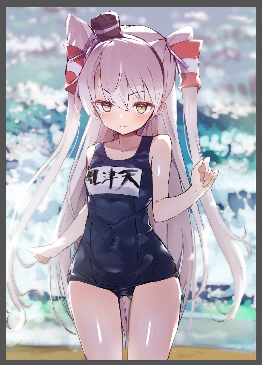 1girl amatsukaze_(kantai_collection) bangs black_border blue_swimsuit blush border caburi covered_navel eyebrows_visible_through_hair hair_tubes highres kantai_collection long_hair name_tag one-piece_swimsuit silver_hair simple_background smile solo swimsuit swimsuit_under_clothes two_side_up water wet white_background yellow_eyes