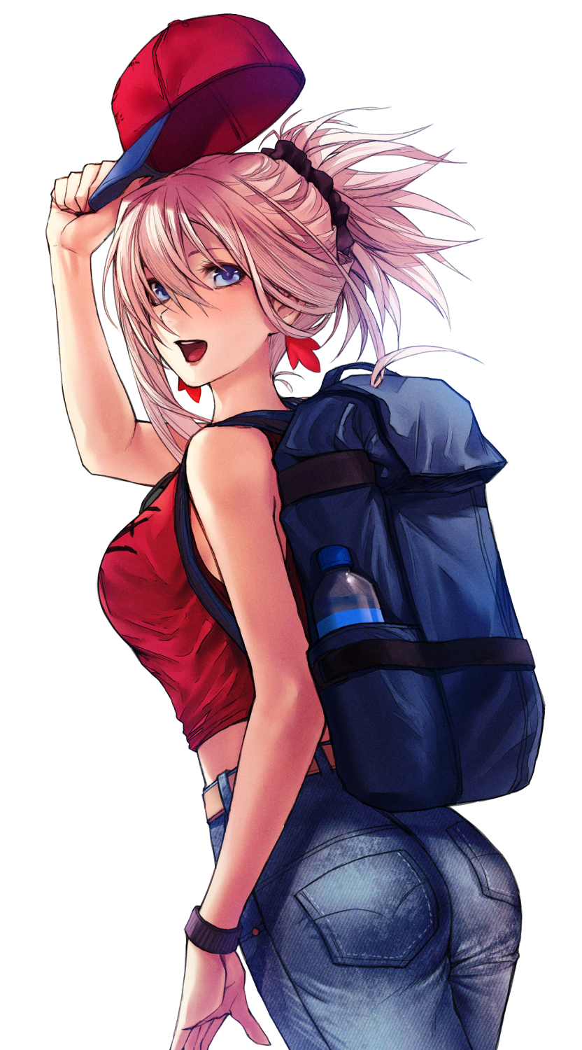 1girl applekun ass backpack bag bangs bare_shoulders baseball_cap blue_eyes blue_pants blush bottle breasts denim earrings fate/grand_order fate_(series) hat heroic_spirit_traveling_outfit highres jeans jewelry large_breasts looking_at_viewer looking_back miyamoto_musashi_(fate/grand_order) open_mouth pants pink_hair ponytail red_headwear red_tank_top simple_background smile swept_bangs tank_top water_bottle white_background