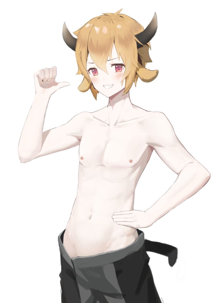 1boy animal_ears arknights artist_request bare_chest bison_(arknights) blush brown_hair commentary_request cow_ears cow_horns grin hand_on_hip horns male_focus nipples pink_eyes pointing pointing_at_self shirtless simple_background smile solo white_background