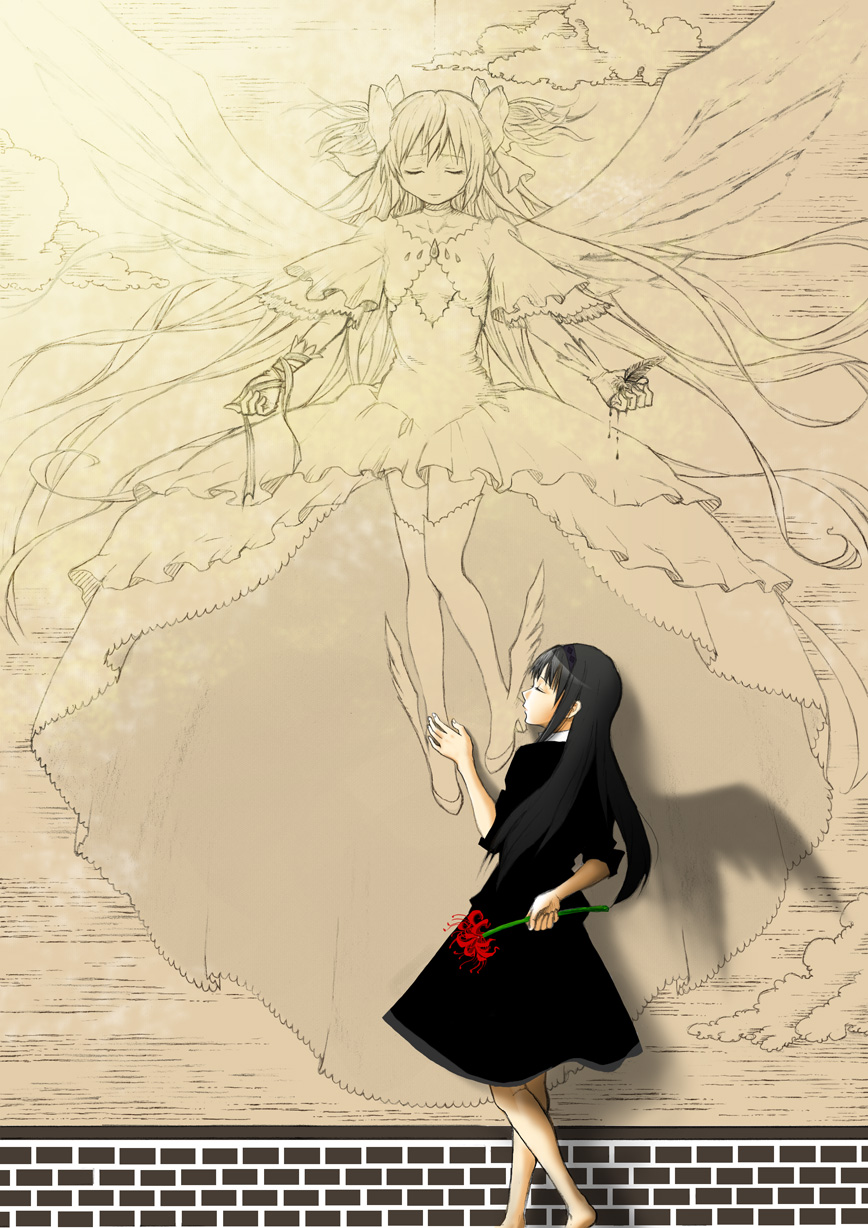 1girl against_wall akemi_homura akuma_homura arm_behind_back arms_at_sides barefoot black_dress black_hair black_hairband blood breasts brick_wall choker closed_eyes closed_mouth clouds collarbone commentary_request drawing dress expressionless facing_away feathers fingernails floating flower frilled_dress frills full_body furrowed_eyebrows gloves goddess_madoka hair_between_eyes hair_ribbon hair_tie hairband hand_on_wall hand_rest hand_up highres holding holding_flower kaname_madoka kiss long_dress long_hair mahou_shoujo_madoka_magica mahou_shoujo_madoka_magica_movie photoshop_(medium) profile red_flower ribbon sad shadow shiny shiny_hair sidelocks small_breasts solo spider_lily standing standing_on_one_leg symbolism thigh-highs two_side_up under_boob very_long_hair wall wide_sleeves winged_footwear wings zettai_ryouiki
