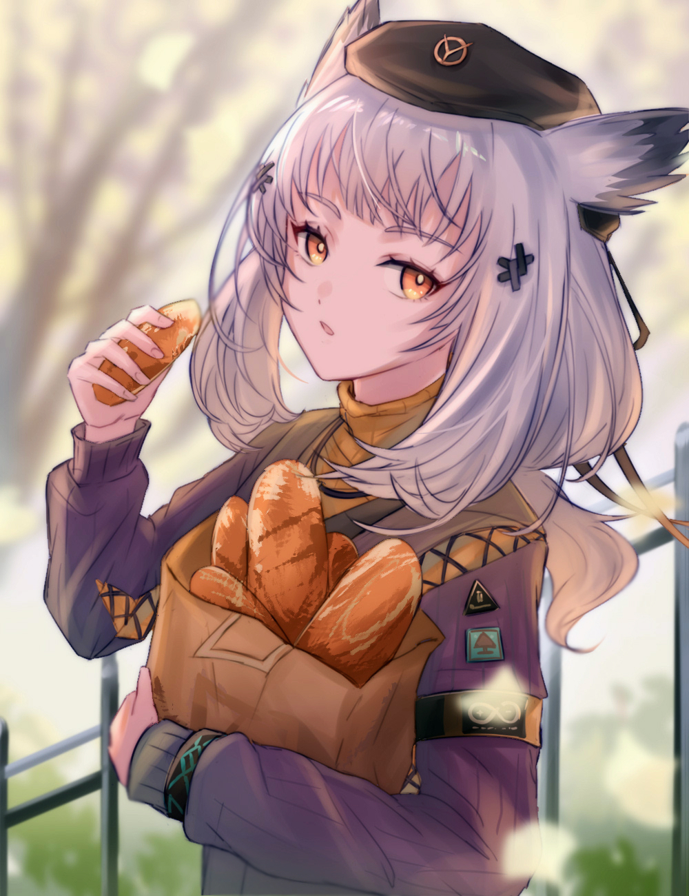 1girl arknights armband bag baguette black_headwear blurry blurry_background bread commentary day eating expressionless eyelashes food hair_ornament haku_wi hat highres holding holding_bag holding_food looking_at_viewer medium_hair orange_eyes orange_sweater outdoors owl_ears paper_bag parted_lips ptilopsis_(arknights) purple_sweater railing rhine_lab_logo ribbed_sweater silver_hair solo sweater tree turtleneck turtleneck_sweater upper_body wristband