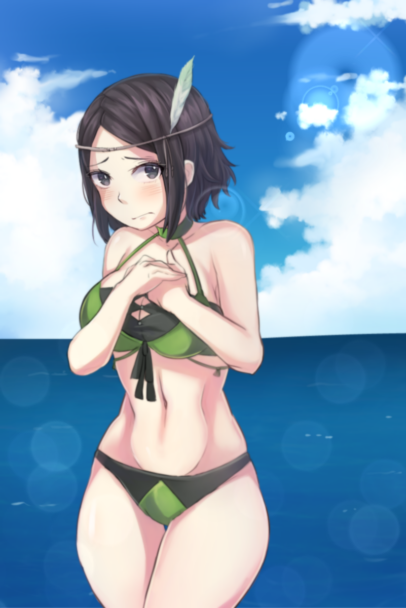 1girl beach bikini black_eyes black_hair blush clouds cute day feather fire_emblem fire_emblem:_kakusei fire_emblem_13 fire_emblem_awakening green_bikini intelligent_systems lilshironeko navel nintendo noire_(fire_emblem) ocean short_hair shy sky solo