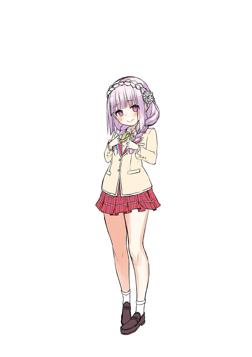 1girl asa_no_ha braid flower full_body hair_flower hair_ornament highres looking_at_viewer original plaid plaid_skirt purple_hair red_skirt shoes simple_background skirt smile solo standing twin_braids violet_eyes wakana_kuroki white_background