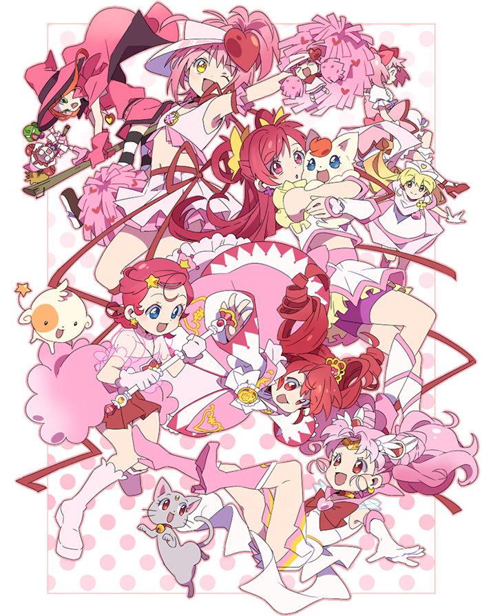 6+girls amulet_heart arm_up bell bell_collar bishoujo_senshi_sailor_moon bow bubble_skirt cat character_request cheerleader chibi_usa choker circlet collar color_connection copyright_request crescent crescent_earrings crossover diana_(sailor_moon) earrings elbow_gloves eyebrows_visible_through_hair flower frilled_skirt frilled_sleeves frills gloves hair_ornament hair_ribbon heart heart_choker heart_hair_ornament hinamori_amu holding jewelry kaname_madoka kooribinu korean_commentary long_hair magical_girl mahou_shoujo_madoka_magica multiple_crossover multiple_girls navel neck_ribbon petals pink_choker pink_eyes pink_flower pink_hair pink_legwear pink_neckwear pink_ribbon pink_sailor_collar pink_skirt pink_theme pleated_skirt pom_poms precure profile puffy_short_sleeves puffy_sleeves red_bow red_eyes ribbon sailor_chibi_moon sailor_collar sailor_senshi_uniform shoes short_sleeves short_twintails shugo_chara! simple_background skirt twintails wand white_cat white_gloves white_skirt yellow_choker yellow_eyes