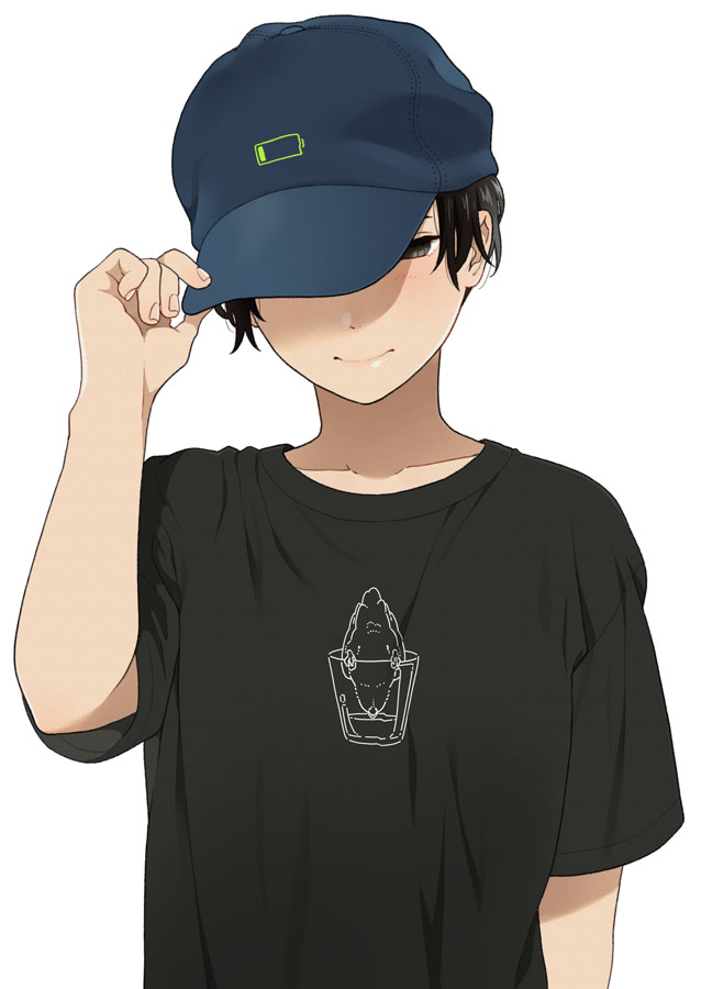 1girl baseball_cap black_hair black_shirt blue_headwear blush closed_mouth collarbone grey_eyes hand_on_headwear hand_up hat mattaku_mousuke original print_shirt shirt short_hair short_sleeves smile solo upper_body