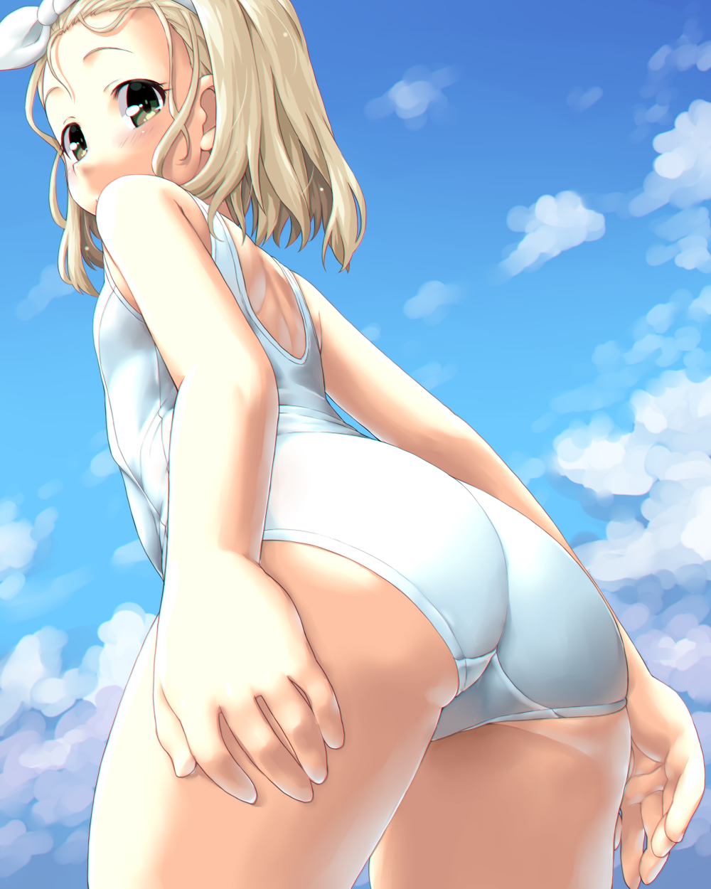 1girl ass back bangs bare_arms bare_legs bare_shoulders blonde_hair blue_sky blush clouds commentary_request cowboy_shot day dd_(ijigendd) from_behind grey_eyes hairband highres i-504_(kantai_collection) kantai_collection looking_at_viewer luigi_torelli_(kantai_collection) one-piece_swimsuit outdoors school_swimsuit short_hair skindentation sky solo standing swimsuit thighs white_hairband white_school_swimsuit white_swimsuit