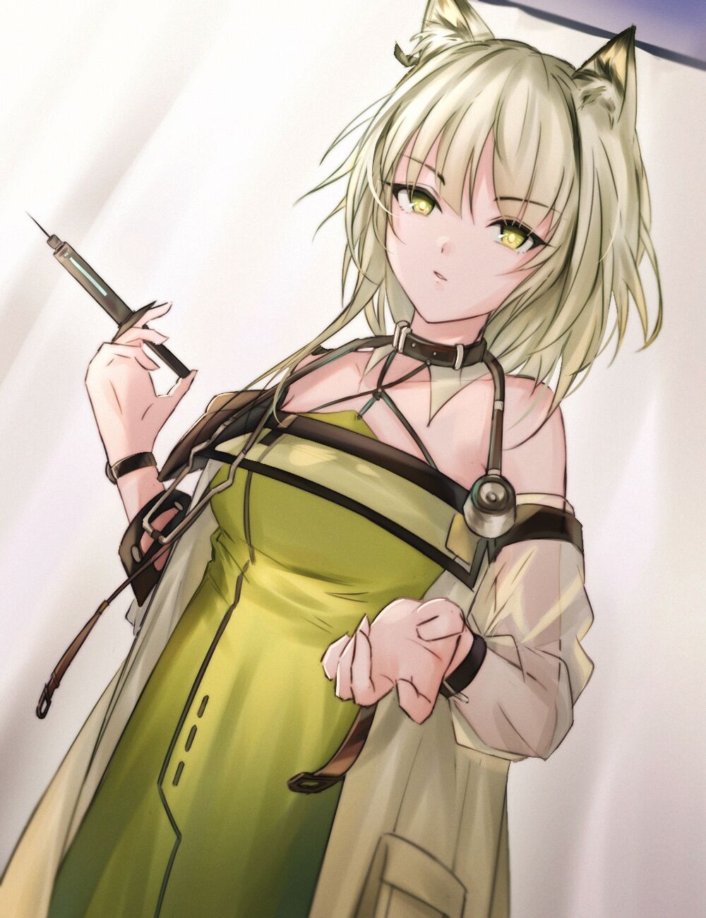 1girl animal_ears arknights breasts cat_ears coat commentary cowboy_shot dress dutch_angle expressionless eyebrows_visible_through_hair green_dress green_eyes green_hair haku_wi highres holding holding_syringe indoors kal'tsit_(arknights) looking_at_viewer medium_breasts medium_hair off-shoulder_dress off_shoulder open_clothes open_coat solo stethoscope syringe white_coat wristband