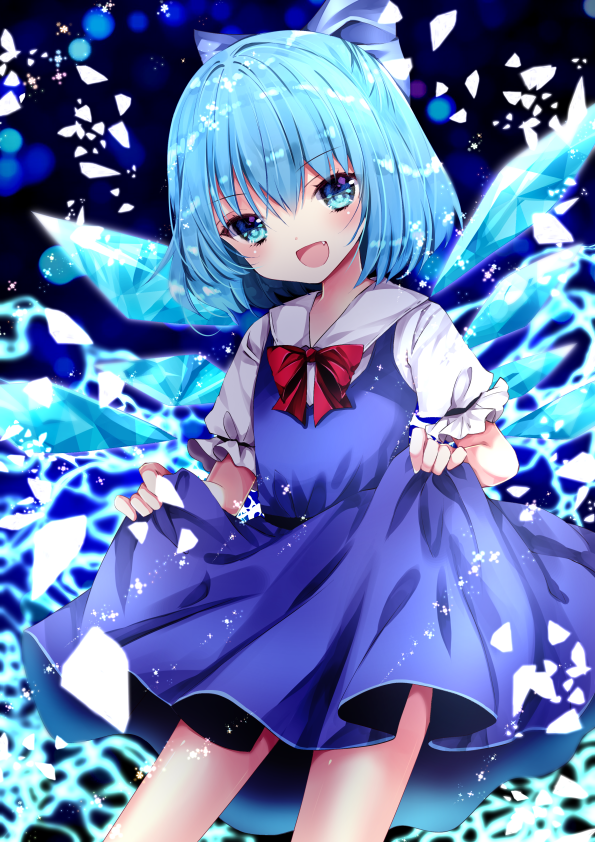 1girl :d bangs blue_bow blue_dress blue_eyes blue_hair blurry blurry_background bow cirno collared_shirt depth_of_field dress eyebrows_visible_through_hair fang hair_between_eyes hair_bow ice ice_wings looking_at_viewer nanase_nao open_mouth puffy_short_sleeves puffy_sleeves red_bow shirt short_sleeves skirt_hold sleeveless sleeveless_dress smile solo touhou white_shirt wings