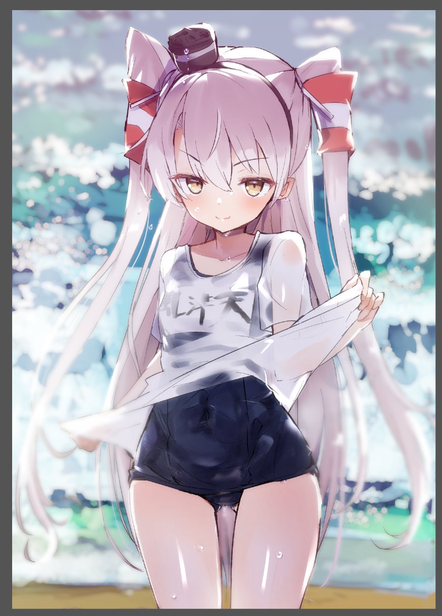 1girl amatsukaze_(kantai_collection) bangs black_border blue_swimsuit blush border caburi covered_navel eyebrows_visible_through_hair hair_tubes highres kantai_collection long_hair name_tag one-piece_swimsuit see-through shirt short_sleeves silver_hair simple_background smile solo swimsuit swimsuit_under_clothes two_side_up water wet wet_clothes white_background white_shirt yellow_eyes