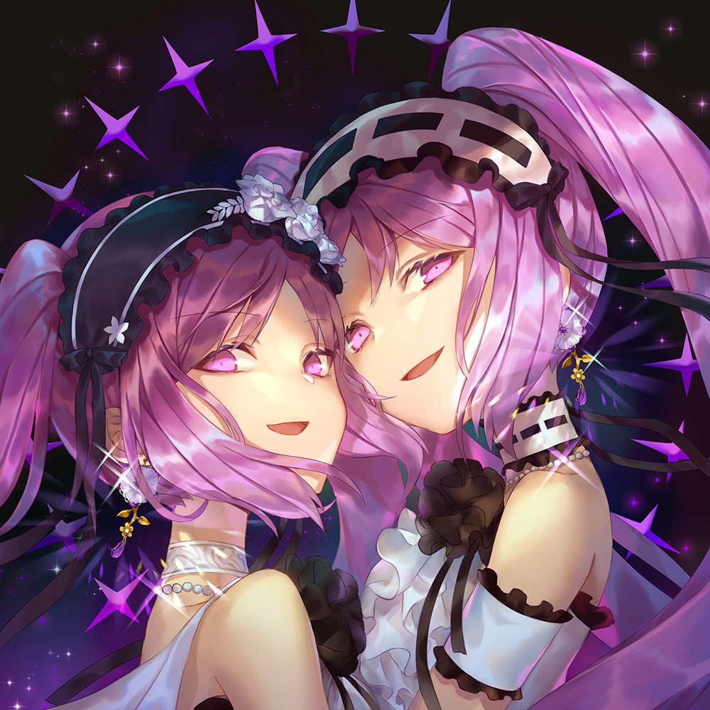 2girls bangs bare_shoulders breasts choker dress earrings emoillu euryale fate/hollow_ataraxia fate_(series) frilled_hairband frills hairband jewelry long_hair looking_at_viewer multiple_girls necklace off-shoulder_dress off_shoulder open_mouth parted_bangs pearl_necklace purple_hair siblings sisters small_breasts smile sparkle stheno twins twintails violet_eyes white_dress