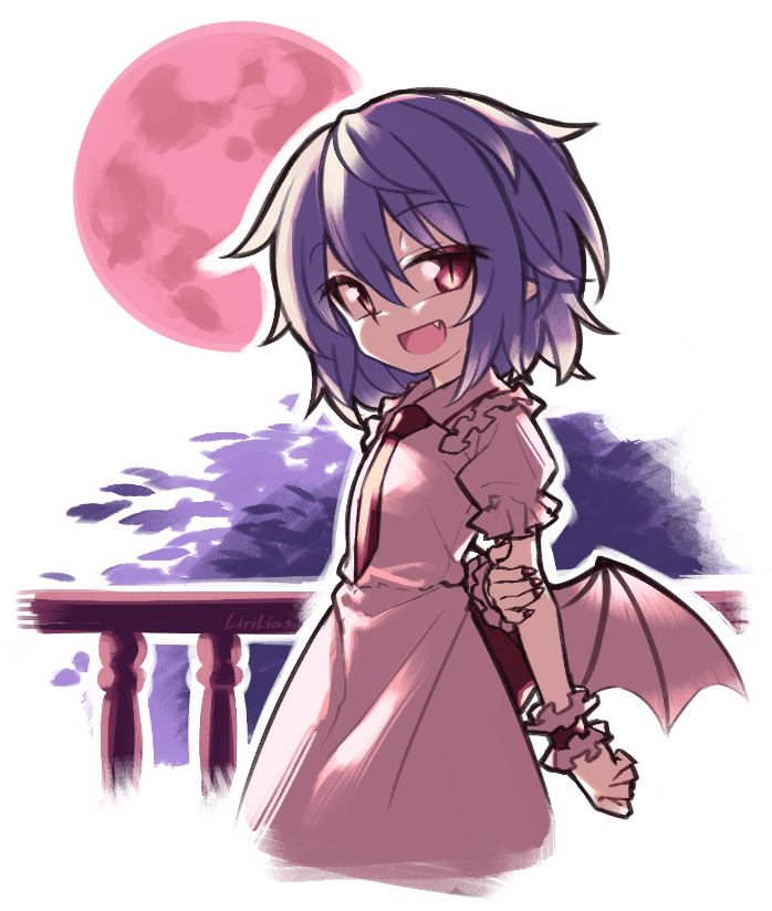 1girl :d bat_wings dress eyebrows_visible_through_hair fang frilled_dress frilled_sleeves frills hair_between_eyes holding_arm lirilias looking_at_viewer medium_hair moon night open_mouth pink_dress pink_frills pointy_ears purple_hair red_eyes red_moon red_nails red_neckwear remilia_scarlet short_sleeves slit_pupils smile solo touhou upper_body wings wrist_cuffs