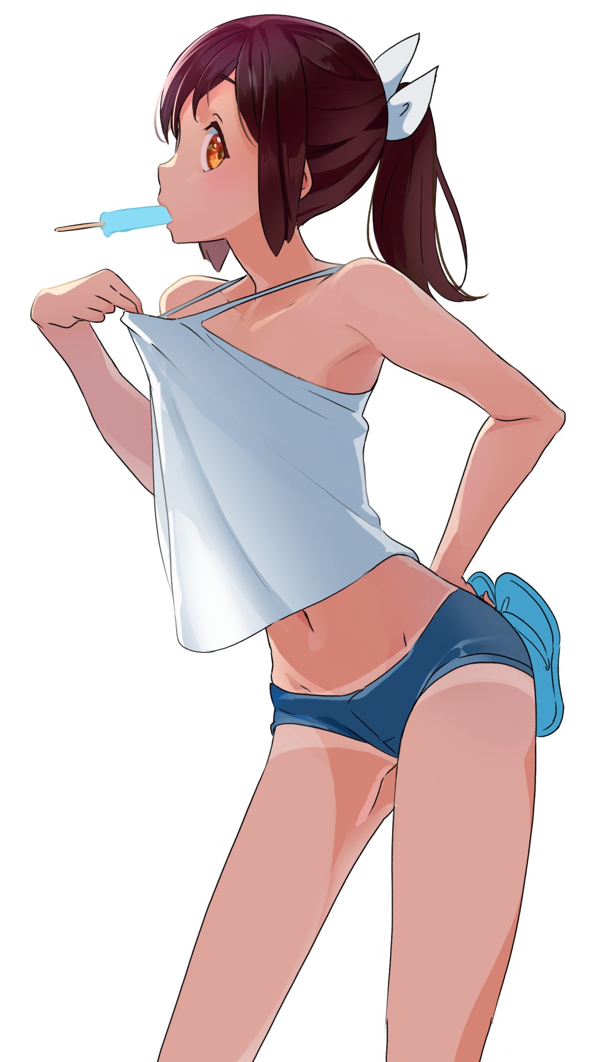 1girl ao_iro bangs bare_arms bare_shoulders blush brown_eyes brown_hair collarbone cowboy_shot denim denim_shorts eyebrows_visible_through_hair food food_in_mouth hair_ornament hair_ribbon highres i-401_(kantai_collection) kantai_collection long_hair looking_at_viewer looking_to_the_side midriff mouth_hold navel ponytail popsicle ribbon sandals short_shorts shorts simple_background sleeveless solo standing tan tanline white_background
