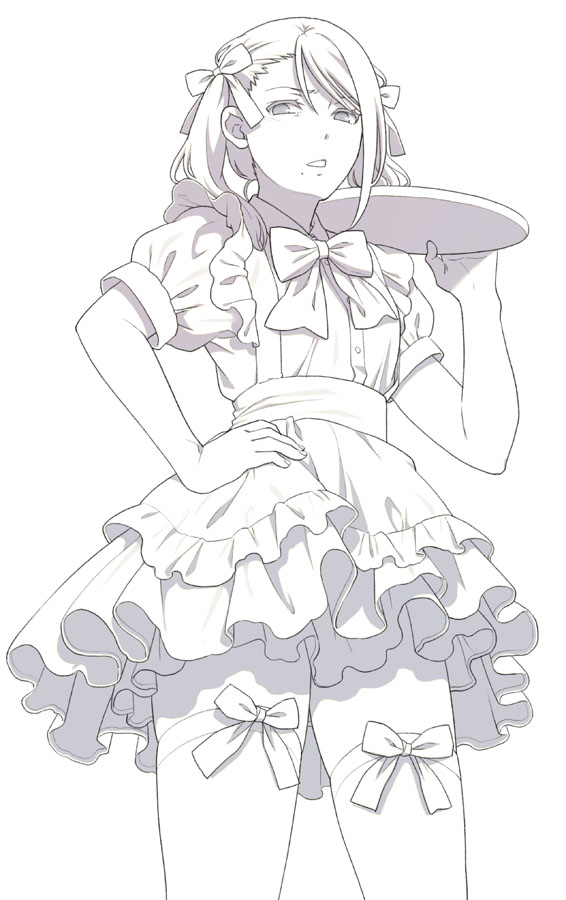 1girl apron asymmetrical_bangs bangs bow collared_dress eyebrows_behind_hair frilled_apron frills greyscale hair_between_eyes hair_bow hand_on_hip hand_up holding holding_tray long_hair looking_at_viewer mattaku_mousuke mole mole_under_mouth monochrome original parted_lips puffy_short_sleeves puffy_sleeves short_sleeves simple_background solo thigh-highs tray twintails waitress white_background