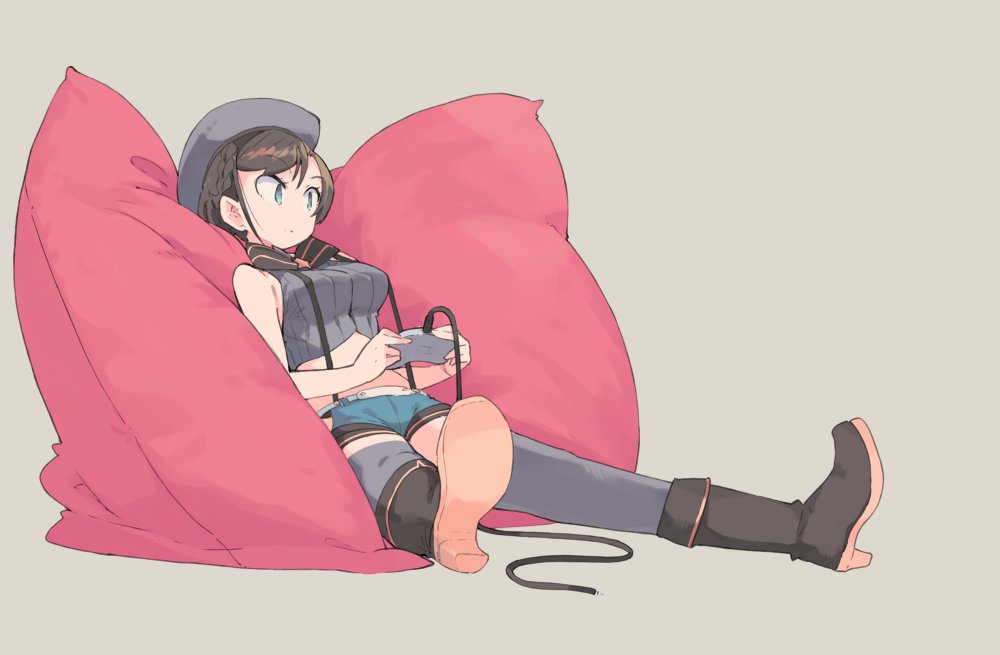 1girl :o aqua_eyes bangs bare_arms bare_shoulders beret boots braid breasts brown_hair controller crop_top french_braid full_body grey_background grey_legwear hat holding_controller hololive legs_apart looking_to_the_side medium_breasts midriff oozora_subaru pillow reclining shima_(artist) short_hair shorts side_slit simple_background sleeveless solo suspender_shorts suspenders swept_bangs thigh-highs vest virtual_youtuber