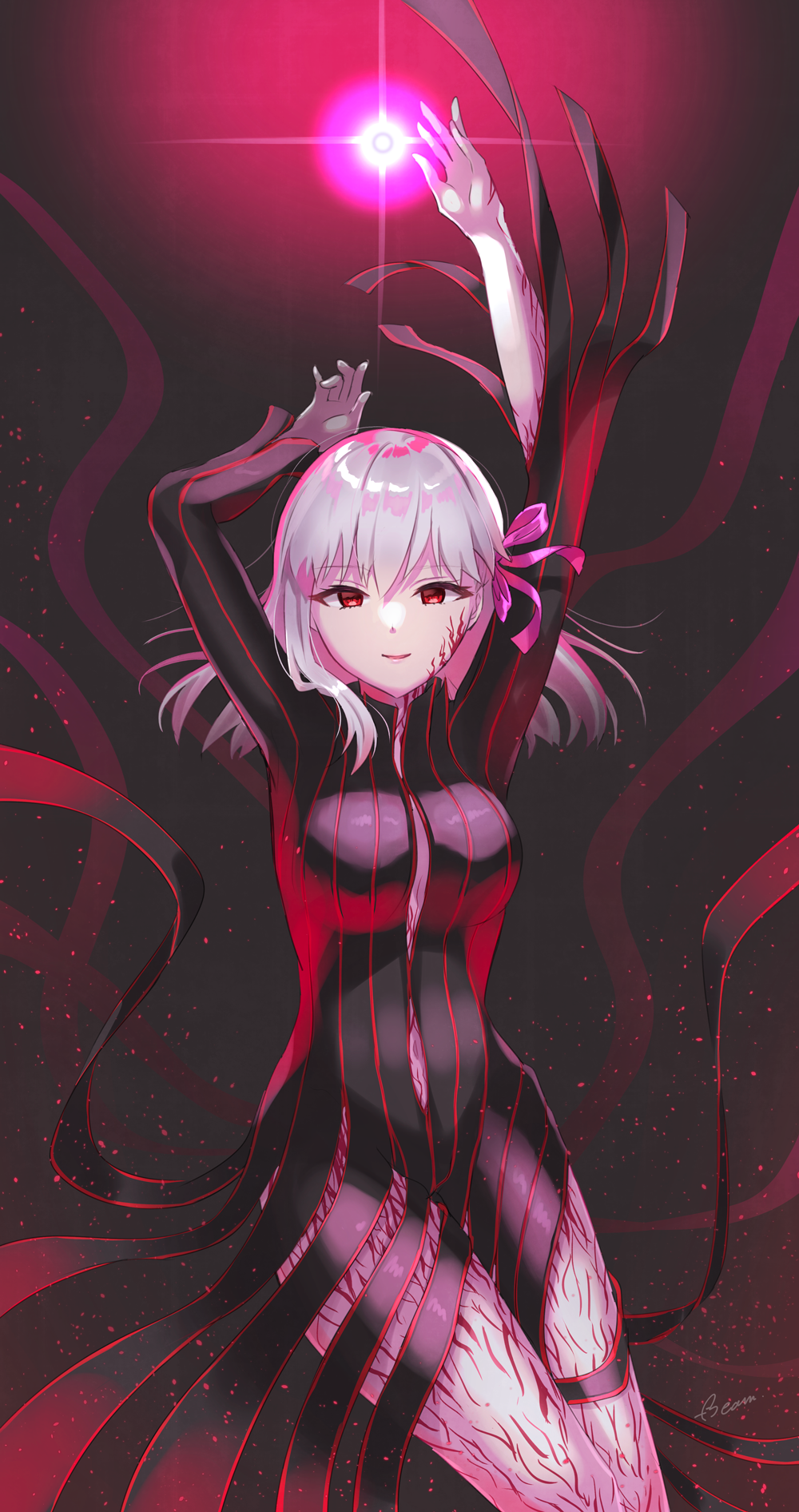 1girl black_dress body_markings bow breasts dark_persona dark_sakura dress dress_of_heaven fate/stay_night fate_(series) hair_bow heaven's_feel highres hiyoko_biimu large_breasts long_hair long_sleeves matou_sakura purple_bow red_eyes solo turtleneck turtleneck_dress white_hair